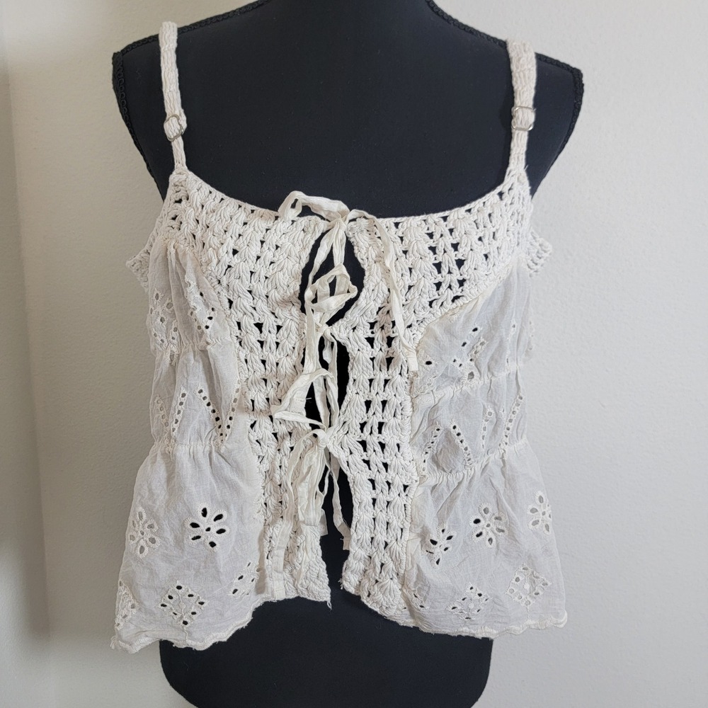 American Flirt White Cotton Eyelet Crochet Boho Camisole Top Large NWT Festival